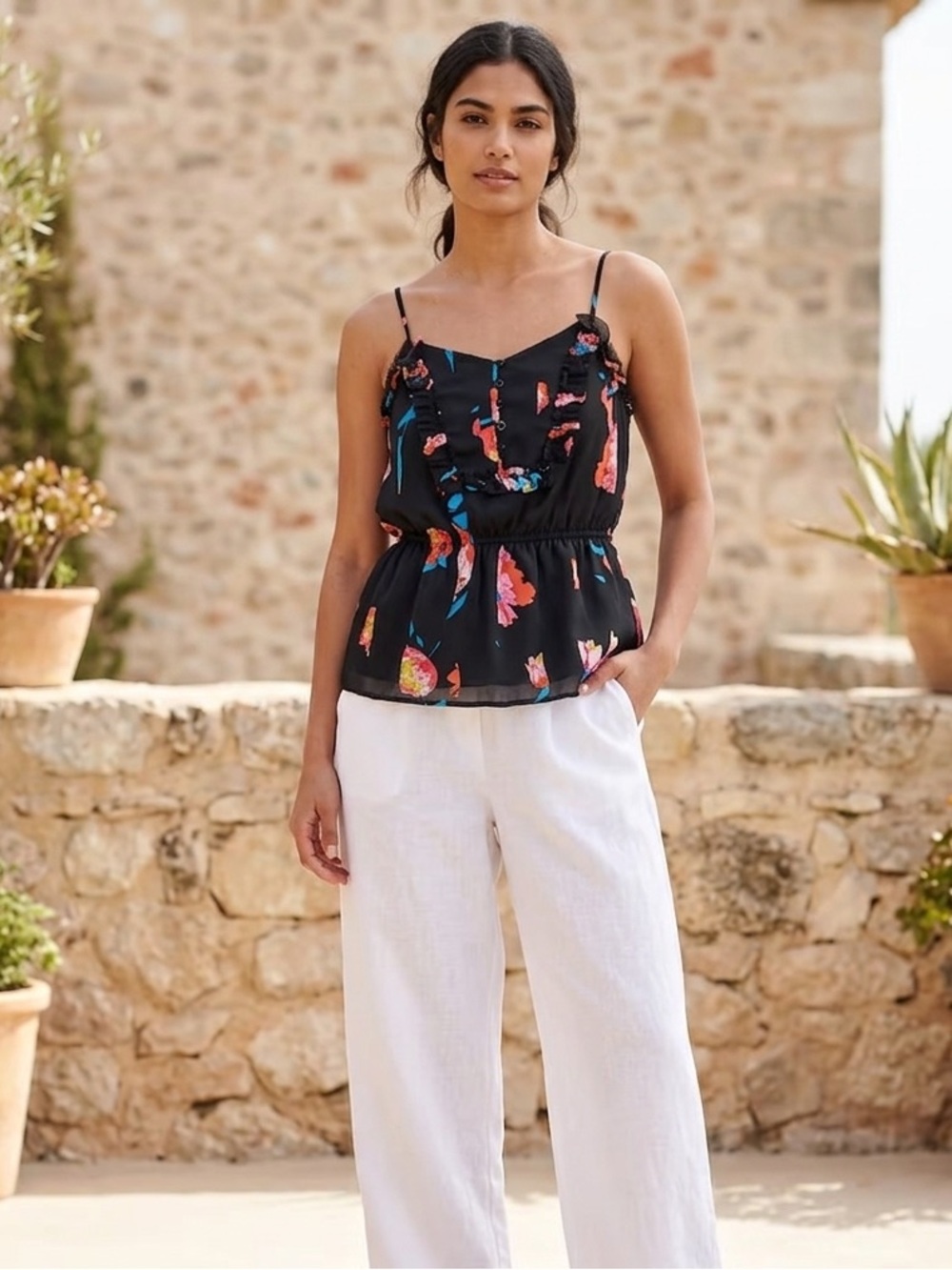 5/$40*Gap Black Floral Woven Button Front Ruffle Cami Tank Top Women's Size L